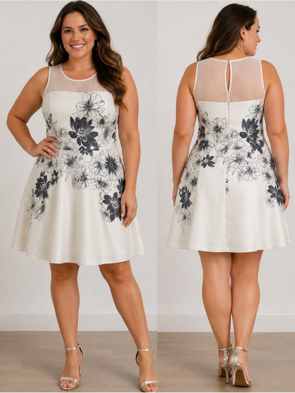 Floral Mesh Yoke Ivory Dress with Black Flower Print